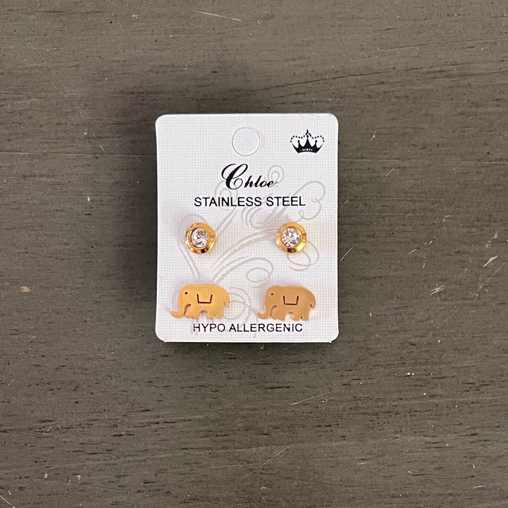 Gold Elephant & Rhinestone Post Stainless Steel 1/2” Earrings 2 Piece Set Pair